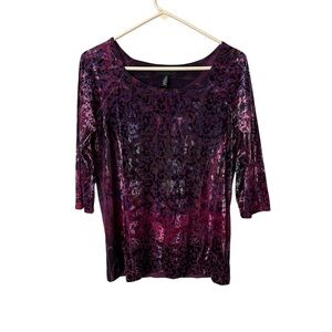 Investments WOMENS Medium Purple Paisley Top Textured Velour Vintage 3/4 Sleeve